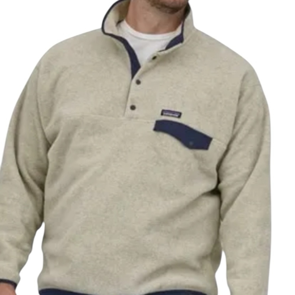 Patagonia Cream Fleece Snap-Placket Pullover with Navy Pocket Trim